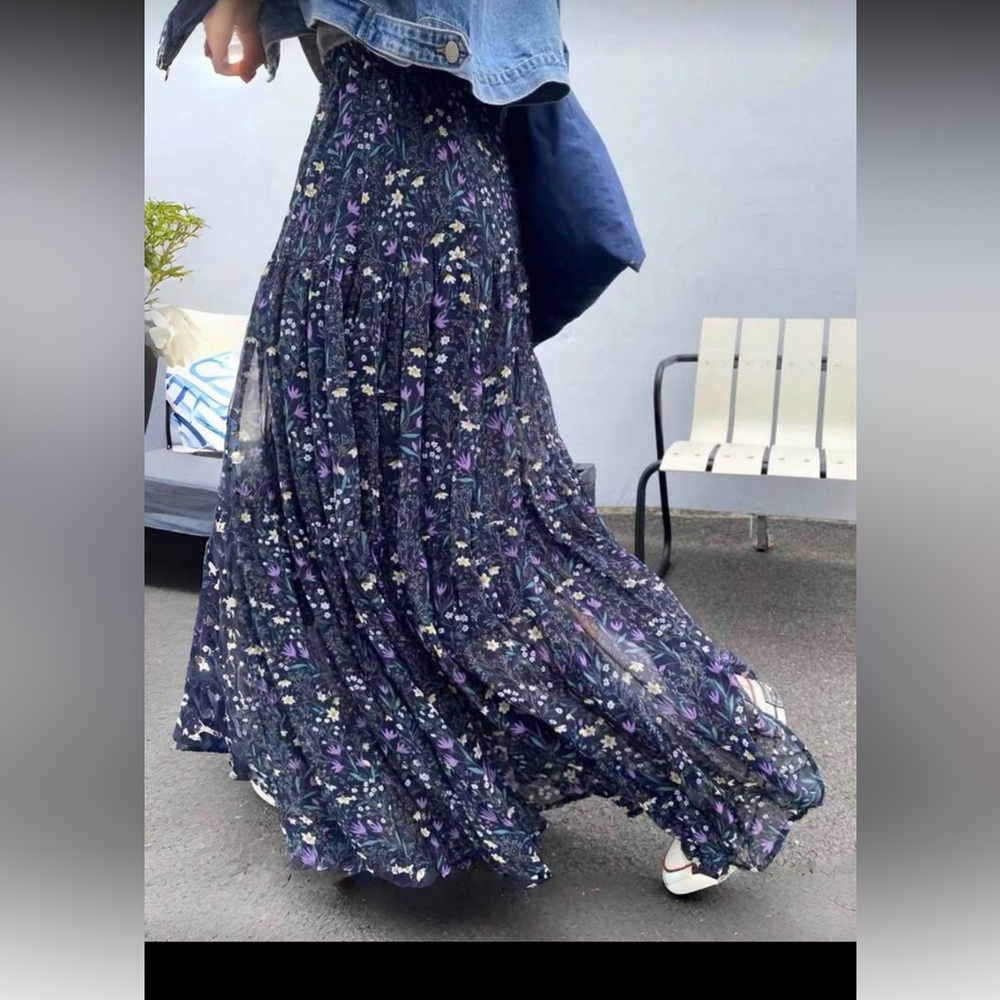Bohemian Floral Maxi Skirt - Navy with Purple & White Flowers